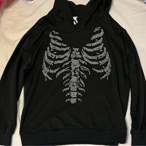 Black Hoodie with Rhinestone Skeleton Design
